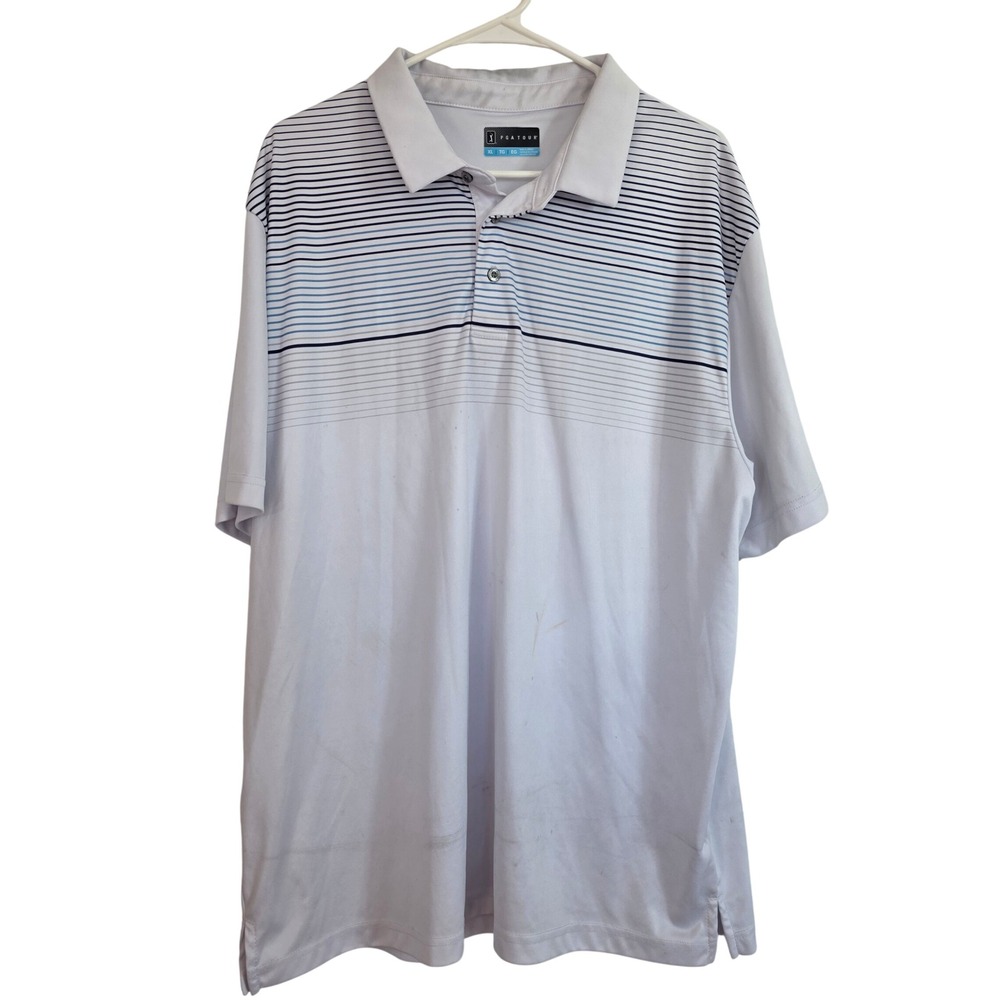 PGA Tour Mens Golf Polo Shirt White Blue Striped Performance Short Sleeve XL‎